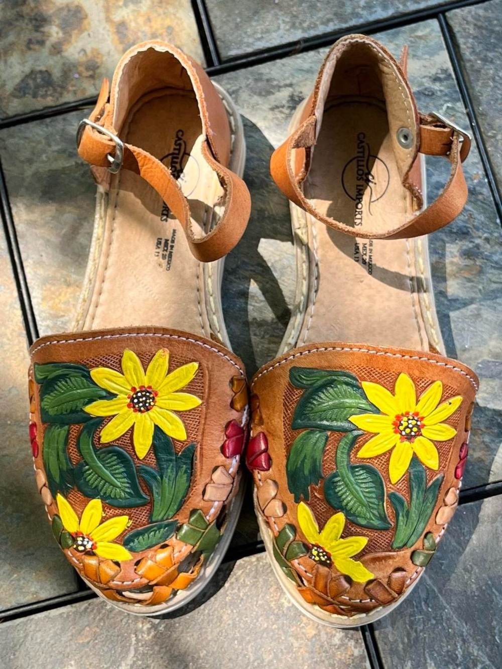 Hand-Painted Sun flowers Leather Ankle-Strap Sandals - Brown with Yellow Flowers
